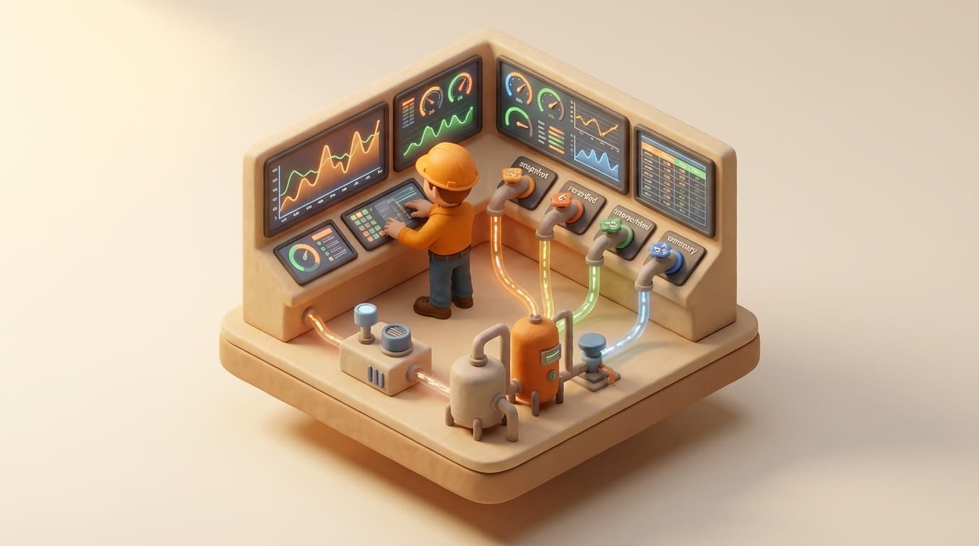 Control panel with data streams flowing from industrial equipment to monitoring screens