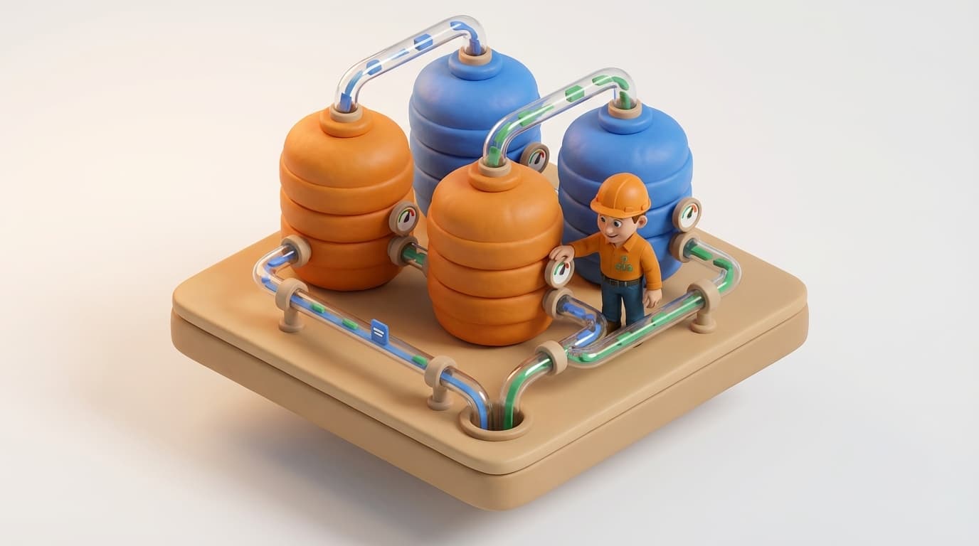 Sharp PI hero illustration for AF Analytics & Time Zones: Mastering Local Time Calculations in PI System in technical editorial style, showing data storage tanks with flow meters and streaming data pipes.