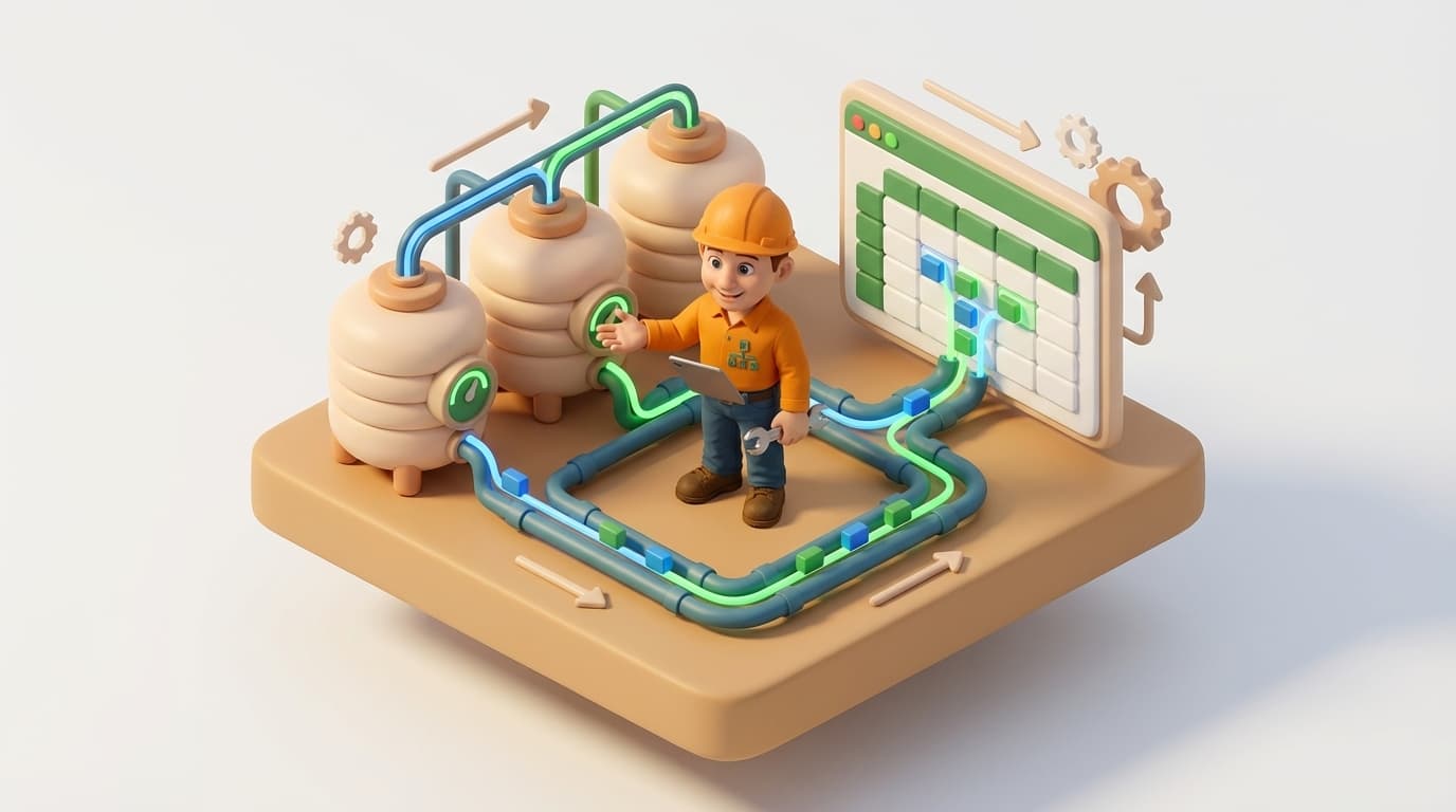 Sharp PI hero illustration for Automating PI DataLink Recalculation & Resizing in Excel with VBA in technical editorial style, showing data storage tanks with flow meters and streaming data pipes.