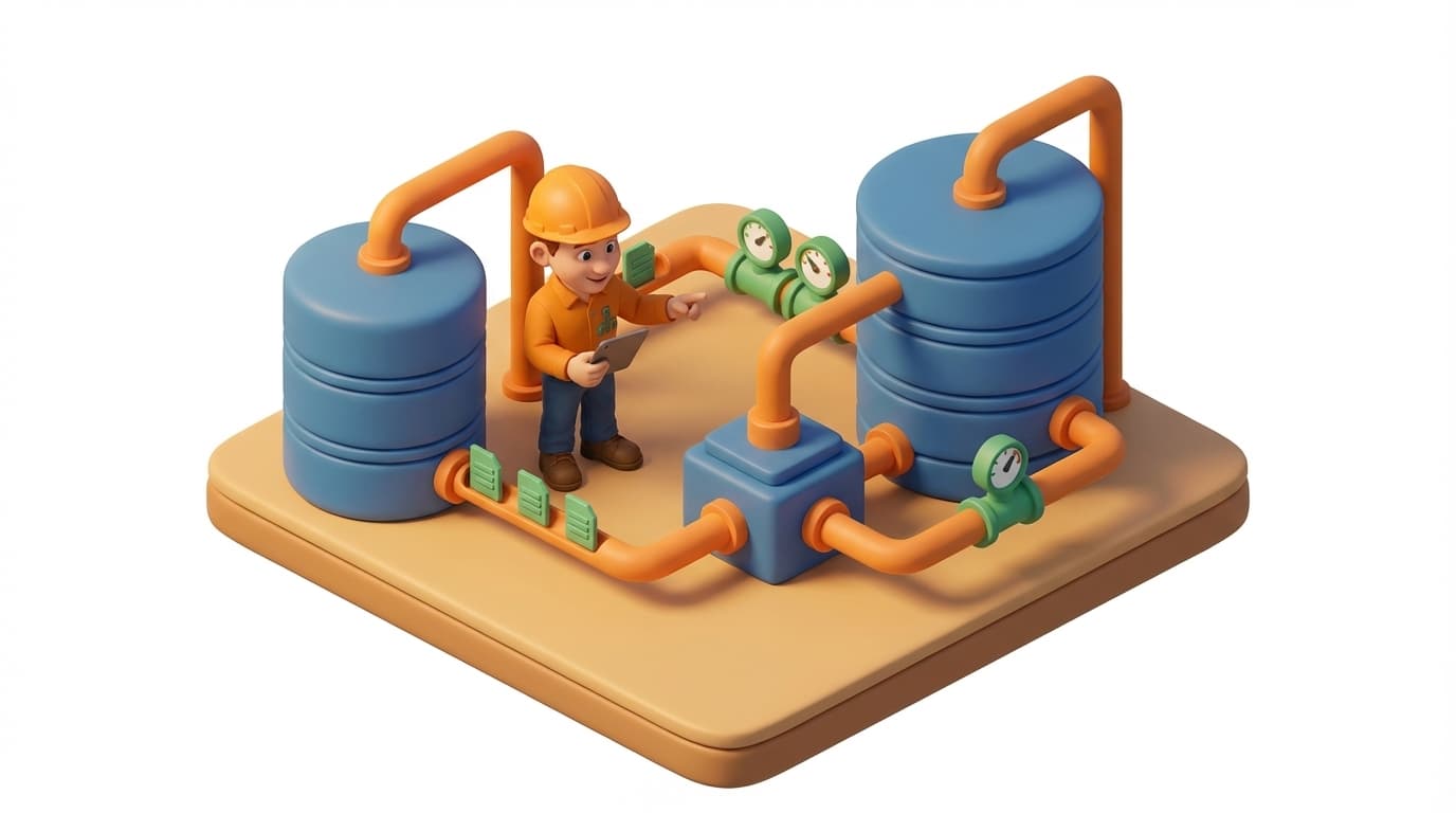 Sharp PI hero illustration for Backfilling Wonderware Historian to PI Data Archive: A Deep Dive in technical editorial style, showing data storage tanks with flow meters and streaming data pipes.