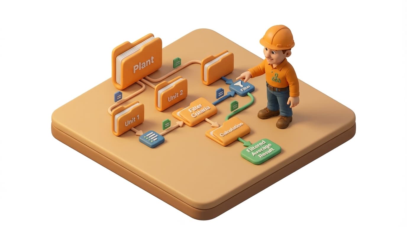Sharp PI hero illustration for Calculating Filtered Averages in PI AF Analytics in technical editorial style, showing tree structure with folders and connected element nodes.