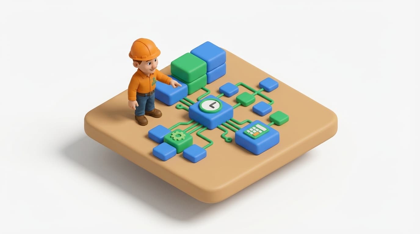 Sharp PI hero illustration for Calculating Motor Runtime: TimeEq and Beyond in PI System in technical editorial style, showing connected building blocks and node hierarchy diagram.