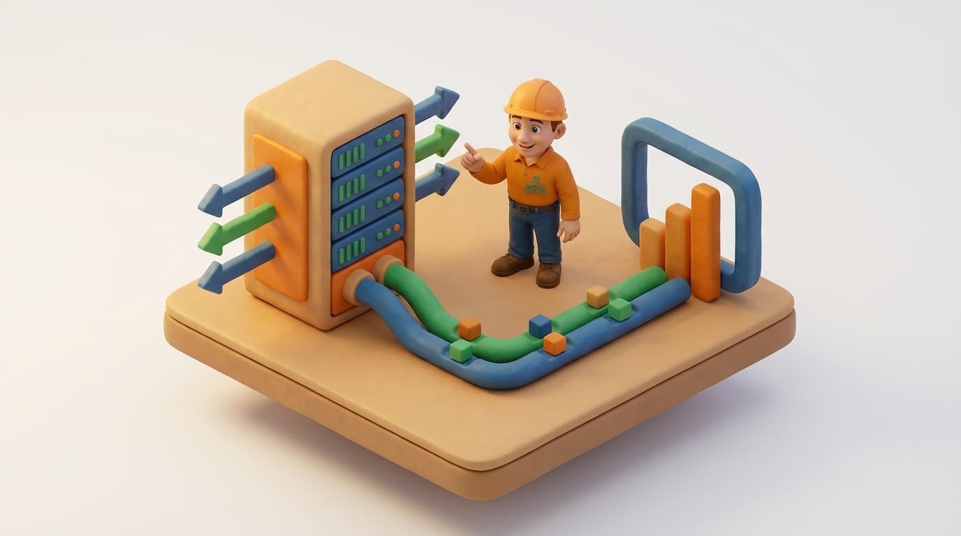 Sharp PI hero illustration for Connecting PI System to Power BI: A Comprehensive Decision Guide in technical editorial style, showing server rack with REST API endpoint arrows and data pipes.