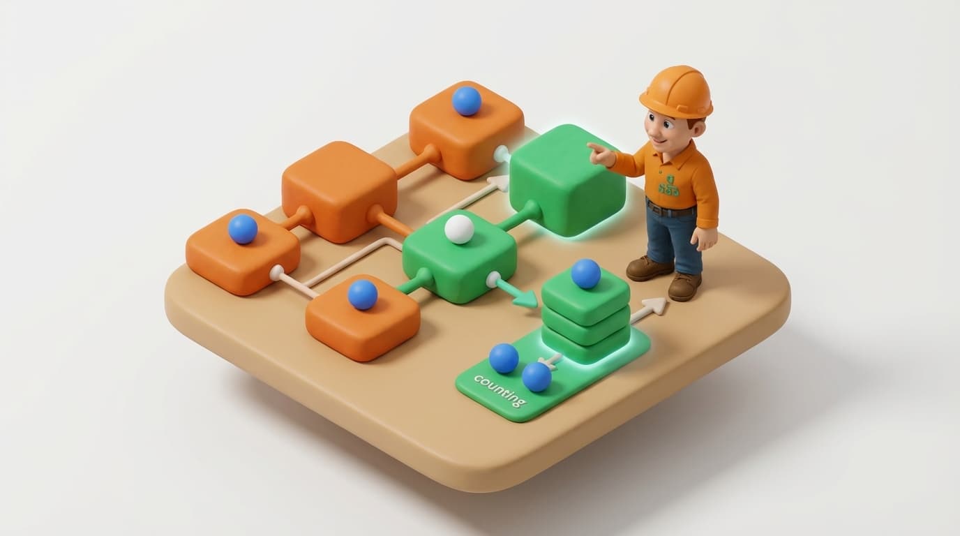 Sharp PI hero illustration for Counting Value Occurrences in PI AF: Strategies Beyond TimeEq in technical editorial style, showing connected building blocks and node hierarchy diagram.