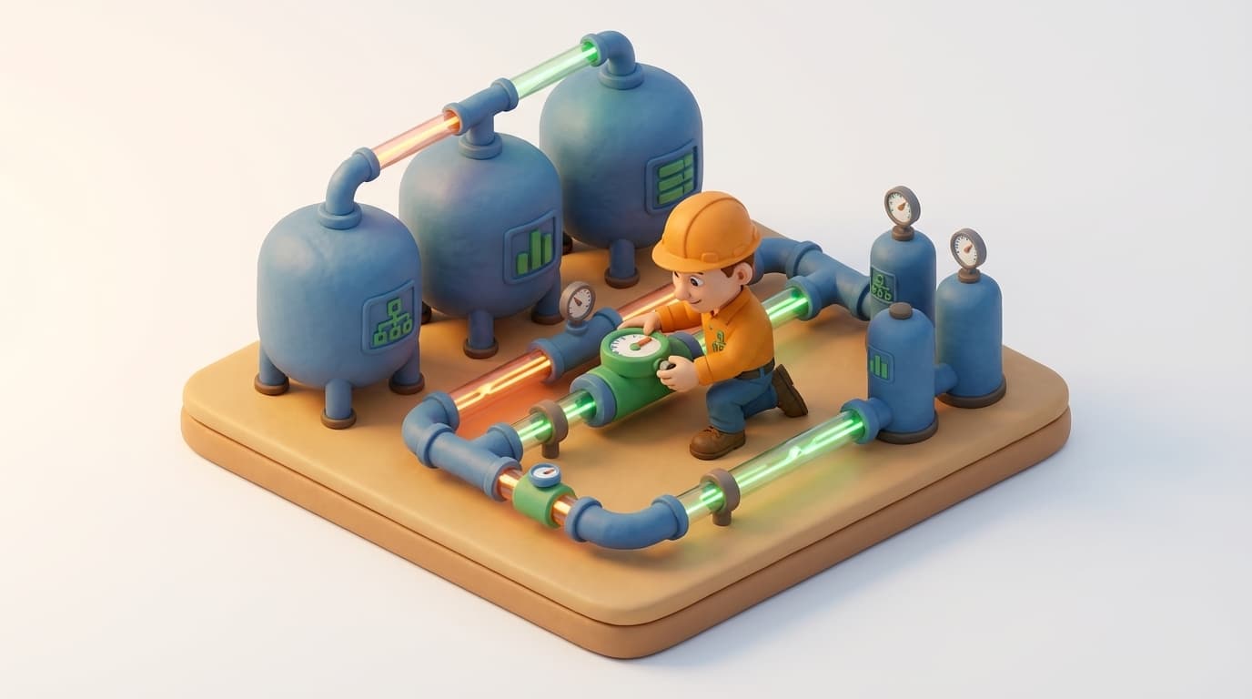 Sharp PI hero illustration for Demystifying PI Data Archive Performance: Beyond Simple Numbers in technical editorial style, showing data storage tanks with flow meters and streaming data pipes.