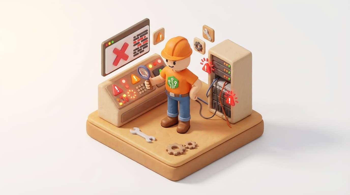 Sharp PI hero illustration for Fixing Default PI Data Archive Issues with PI SDK Utility in troubleshooting style, showing control panel with warning signs, magnifying glass, and error screen.