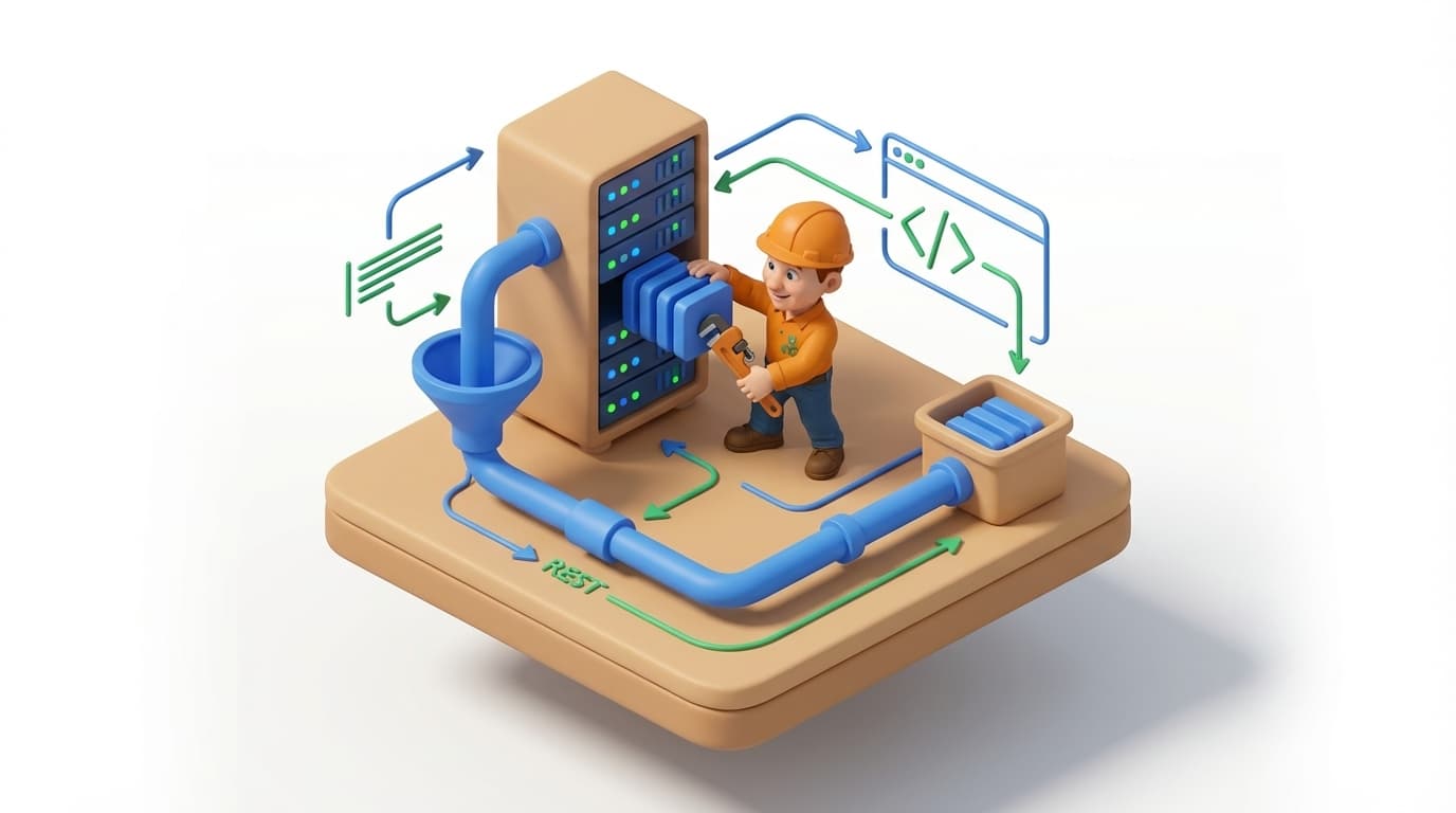 Sharp PI hero illustration for High-Performance PI Data Extraction: Strategies for Massive Datasets in technical editorial style, showing server rack with REST API endpoint arrows and data pipes.