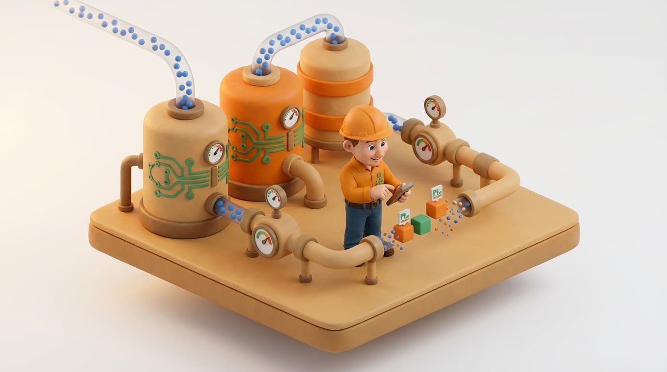 Sharp PI hero illustration for How to Delete 'Pt Created' Records from PI Data Archive in troubleshooting style, showing data storage tanks with flow meters and streaming data pipes.