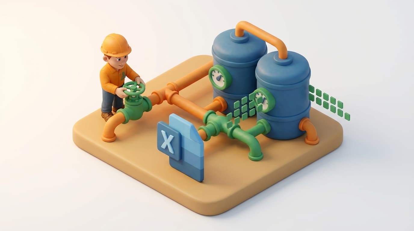 Sharp PI hero illustration for Import Excel Data to PI Data Archive: A Comprehensive Guide in technical editorial style, showing data storage tanks with flow meters and streaming data pipes.