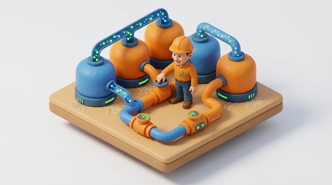 Sharp PI hero illustration for Importing CSV Data to the PI System: A Comprehensive Guide in architecture style, showing data storage tanks with flow meters and streaming data pipes.