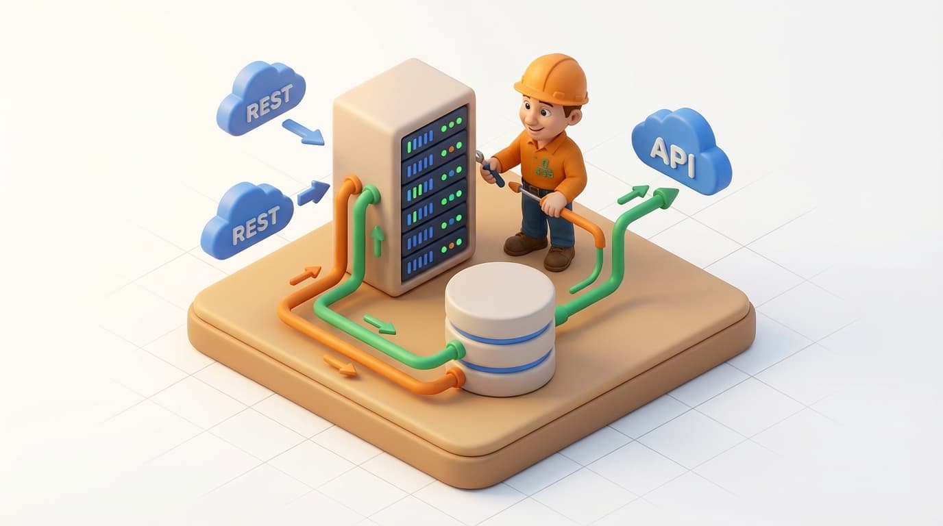 Sharp PI hero illustration for Ingesting External REST Data into PI System: Methods & Best Practices in technical editorial style, showing server rack with REST API endpoint arrows and data pipes.