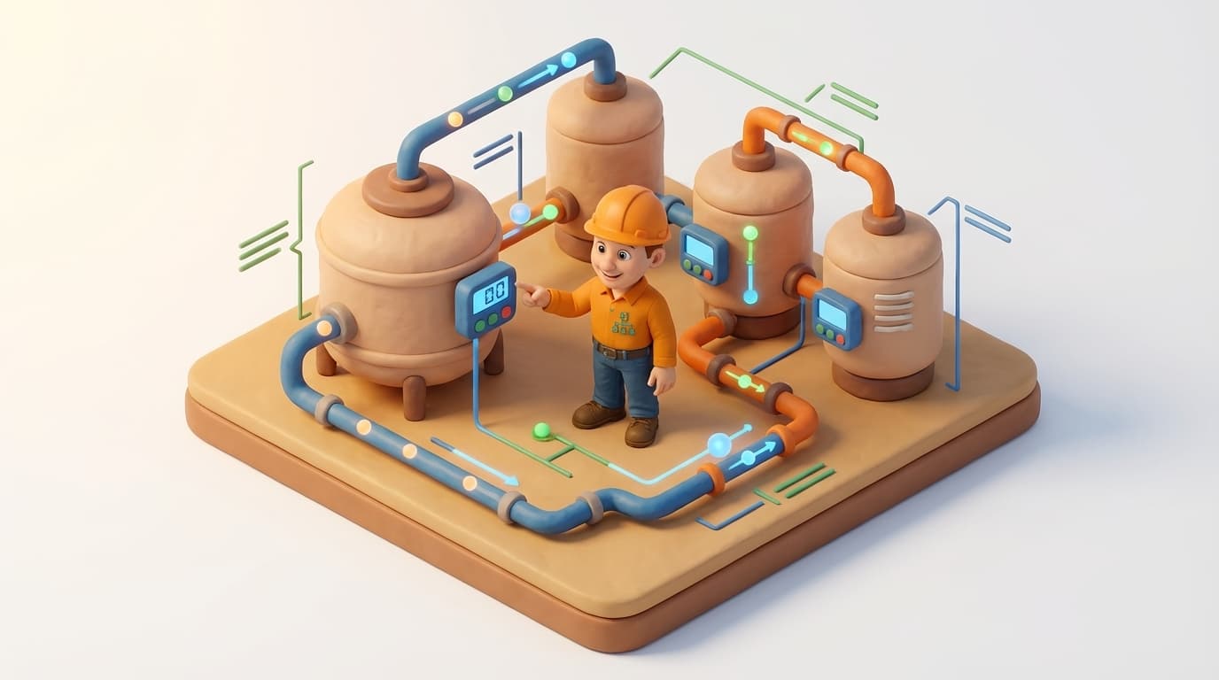 Sharp PI hero illustration for Mastering 6 AM to 6 AM Running Totals in PI AF Analytics in technical editorial style, showing data storage tanks with flow meters and streaming data pipes.