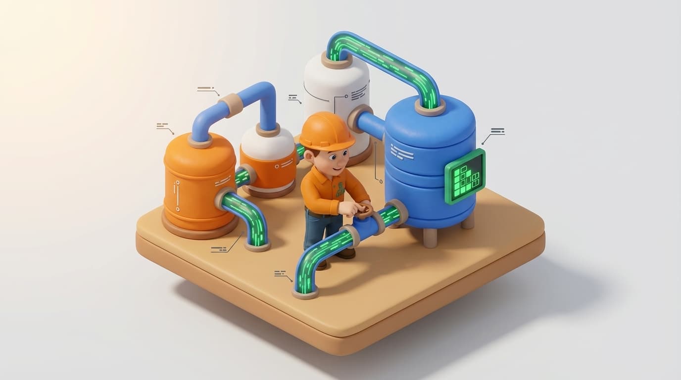 Sharp PI hero illustration for Mastering PI DataLink Refresh: Shortcuts and Automatic Updates in technical editorial style, showing data storage tanks with flow meters and streaming data pipes.