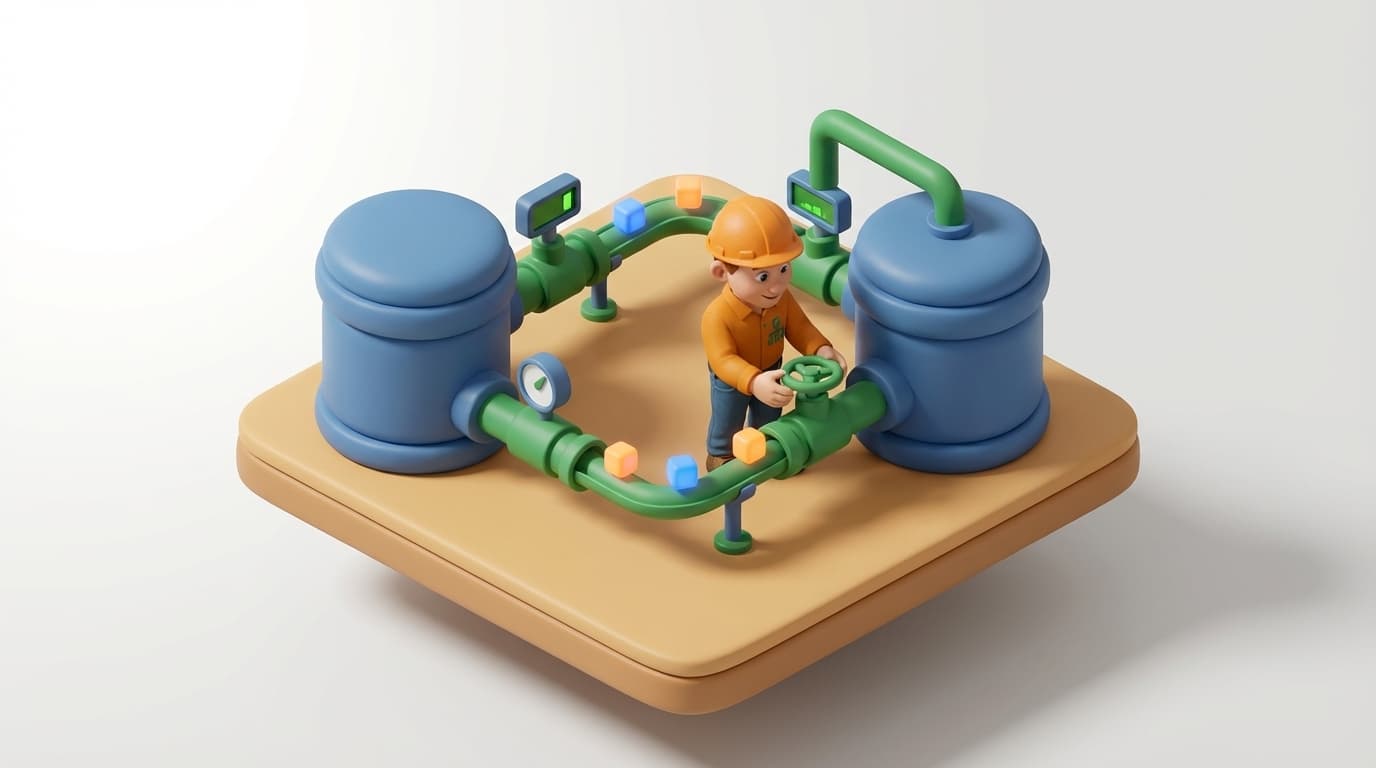 Sharp PI hero illustration for Mastering PI to PI Interfaces: Best Practices for Robust Data Replication in technical editorial style, showing data storage tanks with flow meters and streaming data pipes.