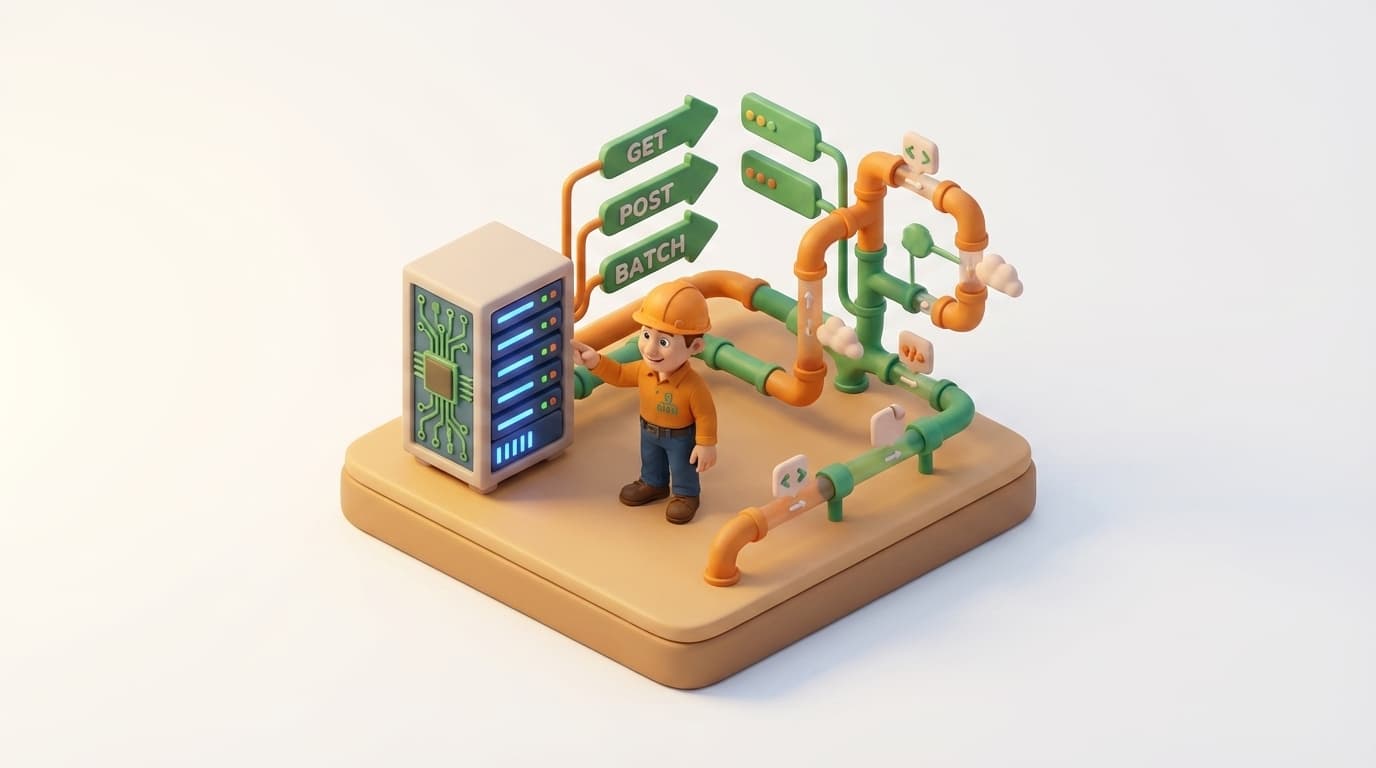 Sharp PI hero illustration for Mastering PI Web API Batch: Efficiently Correlating Event Frame Data and Values in technical editorial style, showing server rack with REST API endpoint arrows and data pipes.