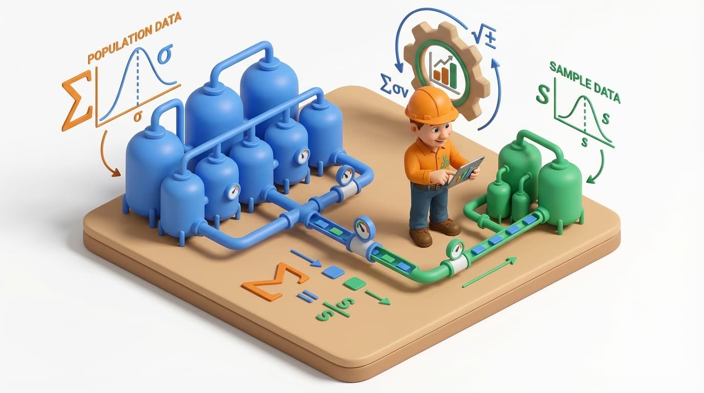 Sharp PI hero illustration for Mastering Standard Deviation in PI System: Sample vs. Population in technical editorial style, showing data storage tanks with flow meters and streaming data pipes.