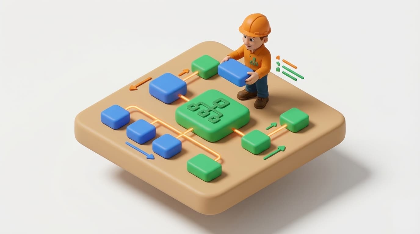 Sharp PI hero illustration for Migrating PI Vision Displays: A Step-by-Step Guide in technical editorial style, showing connected building blocks and node hierarchy diagram.