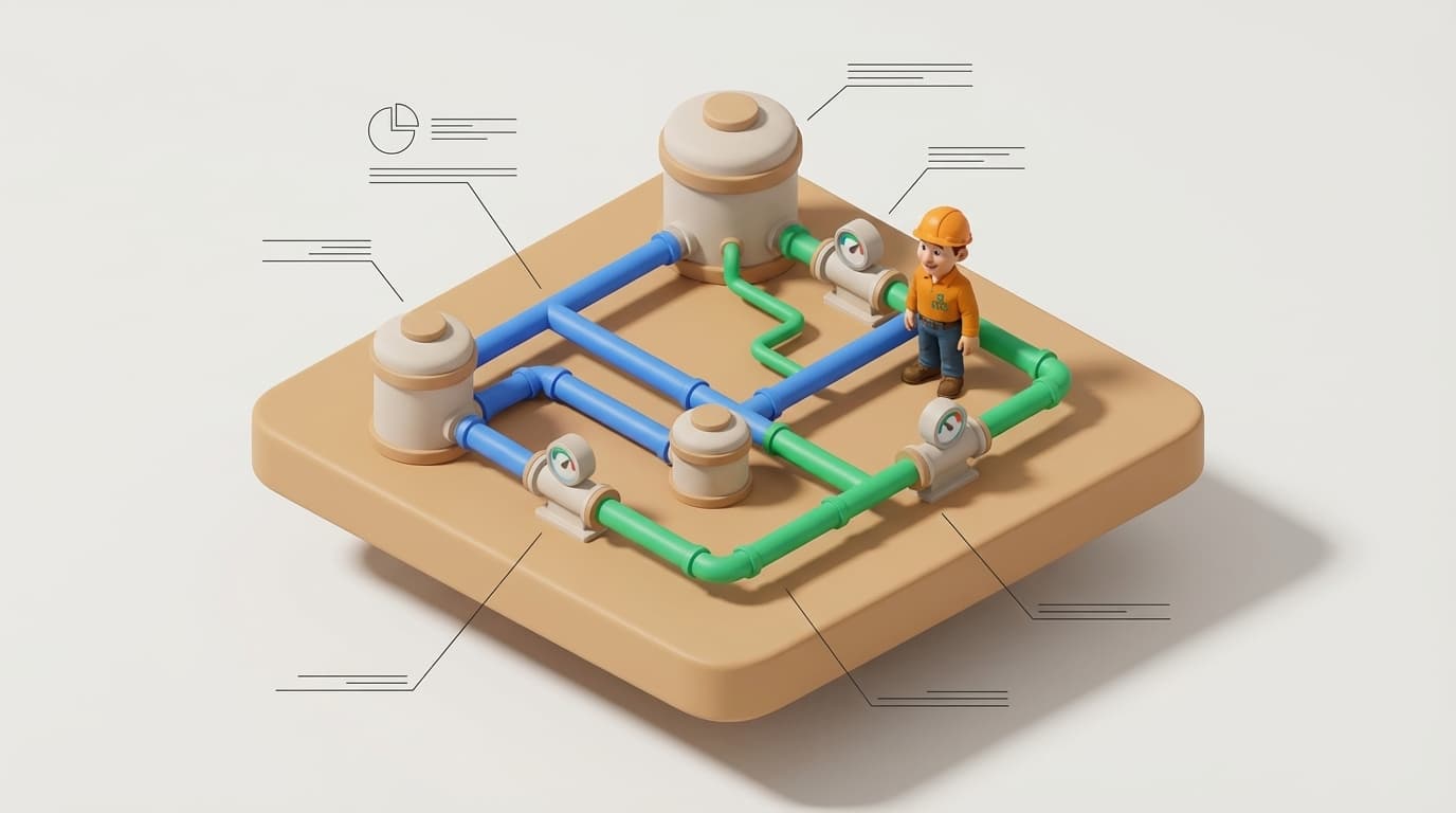 Sharp PI hero illustration for Navigating PI System's Future: Support, Licensing, and AVEVA Flex in troubleshooting style, showing data storage tanks with flow meters and streaming data pipes.