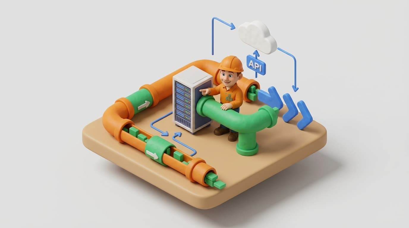 Sharp PI hero illustration for Optimizing Large PI System Data Fetches: Strategies for Performance and Scale in technical editorial style, showing server rack with REST API endpoint arrows and data pipes.