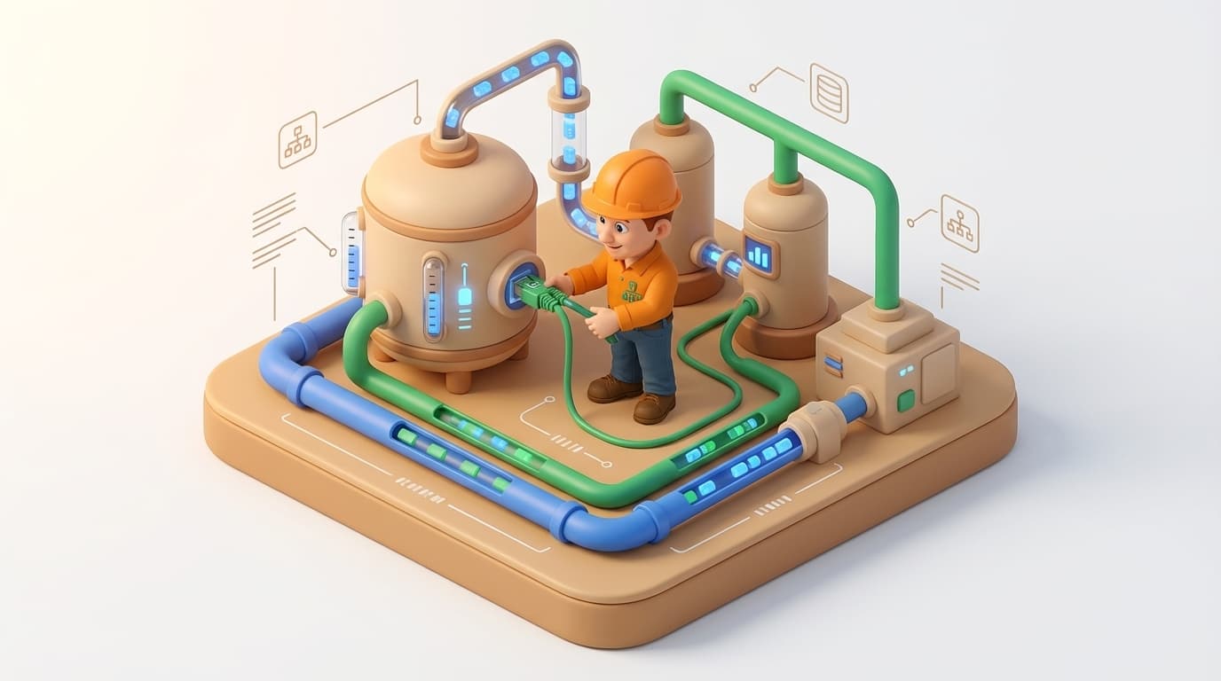 Sharp PI hero illustration for PI Ancillary Server: Unlocking Flexibility in Your PI System Architecture in architecture style, showing data storage tanks with flow meters and streaming data pipes.