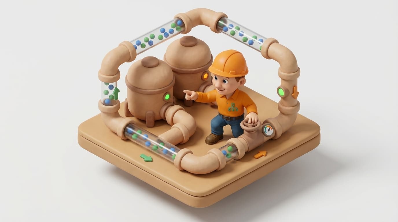 Sharp PI hero illustration for PI Connector for OPC UA Failover: Untangling Redundancy & Data Integrity in troubleshooting style, showing data storage tanks with flow meters and streaming data pipes.