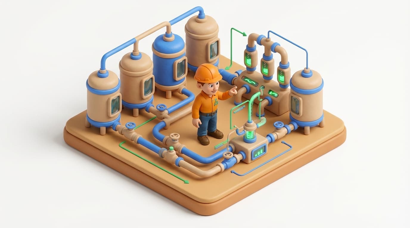 Sharp PI hero illustration for PI Point Types Explained: A Deep Dive into Data Storage in PI Data Archive in technical editorial style, showing data storage tanks with flow meters and streaming data pipes.