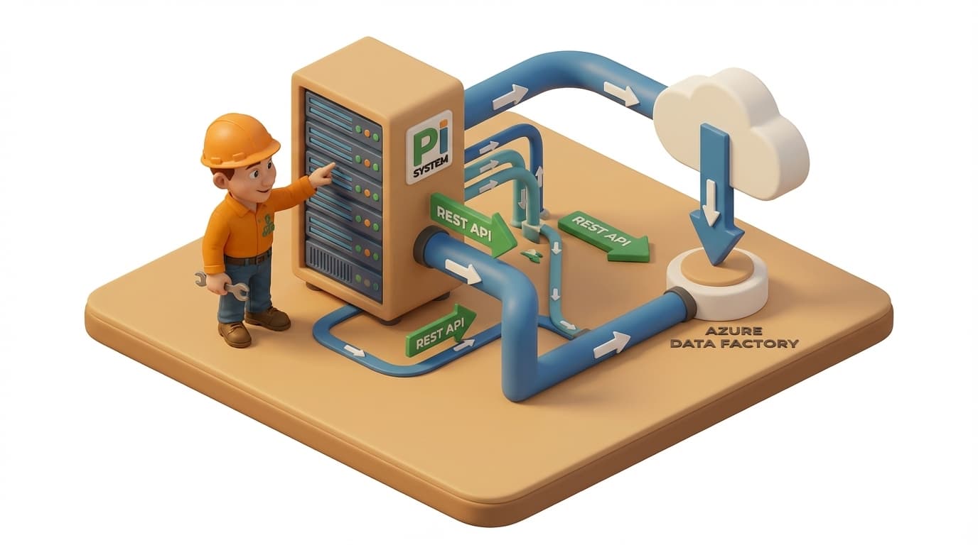 Sharp PI hero illustration for PI System to Azure Data Factory: A Comparison for Integration in architecture style, showing server rack with REST API endpoint arrows and data pipes.