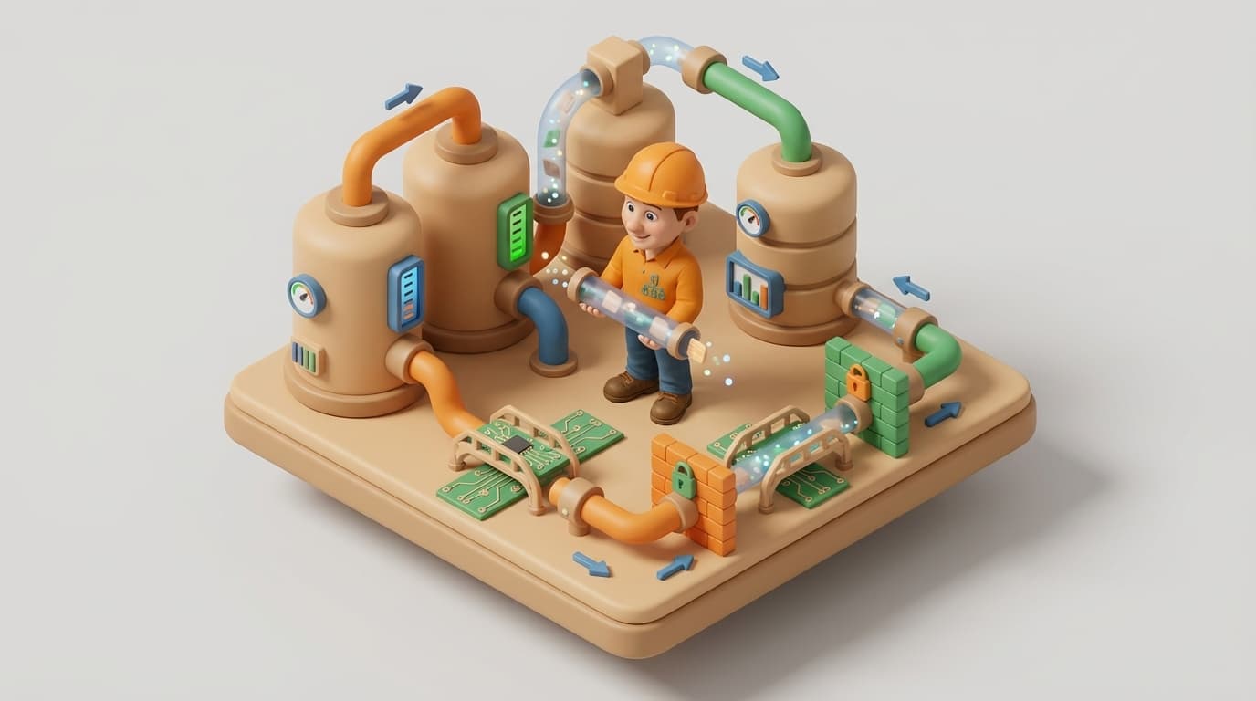 Sharp PI hero illustration for PI System Firewall Rules: Demystifying Ports for Interfaces & Connectors in technical editorial style, showing data storage tanks with flow meters and streaming data pipes.