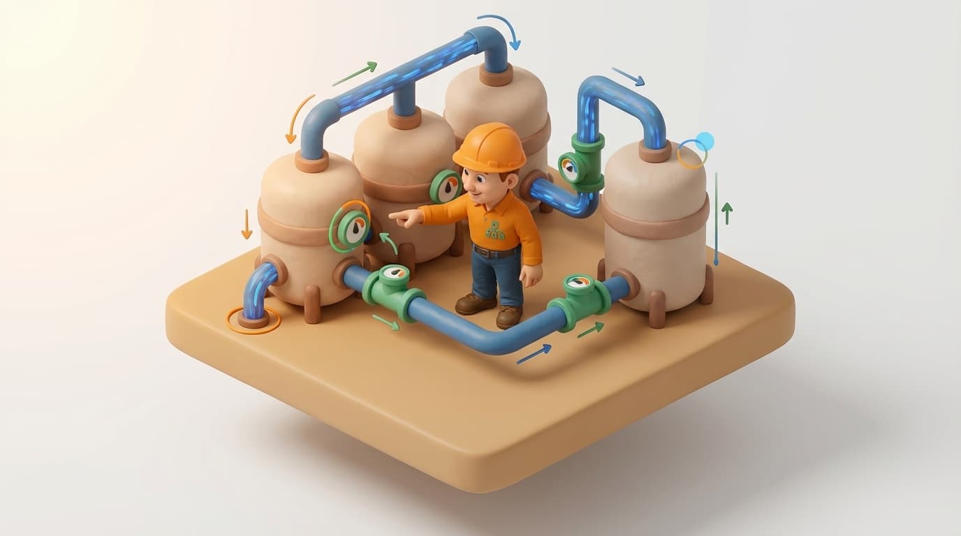 Sharp PI hero illustration for PI System Sizing: Beyond the Spreadsheet – A Modern Approach in technical editorial style, showing data storage tanks with flow meters and streaming data pipes.
