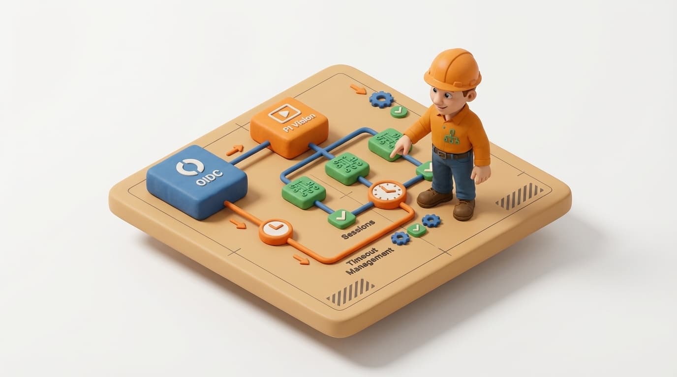 Sharp PI hero illustration for PI Vision Session Timeouts: Managing Inactivity with OIDC in technical editorial style, showing connected building blocks and node hierarchy diagram.