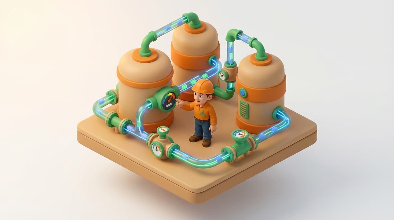 Sharp PI hero illustration for Querying PI Tag Attributes: A PI SQL Commander Guide in troubleshooting style, showing data storage tanks with flow meters and streaming data pipes.