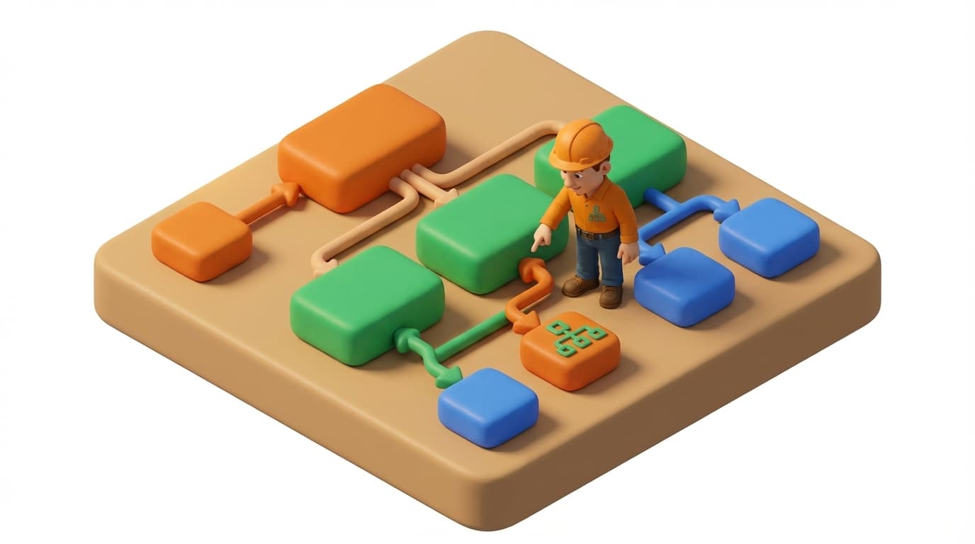 Sharp PI hero illustration for Referencing Child Element Attributes in PI AF Analytics in technical editorial style, showing connected building blocks and node hierarchy diagram.