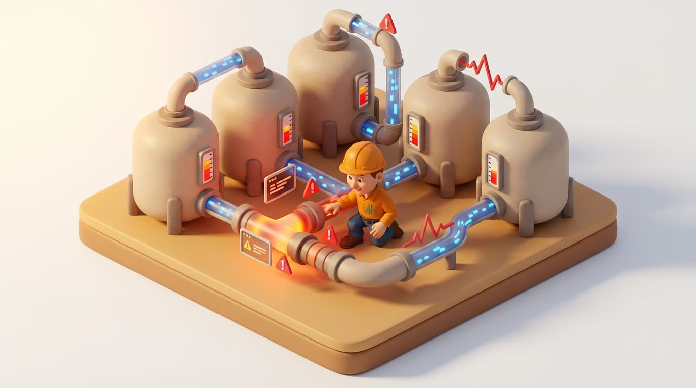 Sharp PI hero illustration for Resolving 'Cannot Convert TimeSpan' in AF Analysis Time Difference in troubleshooting style, showing data storage tanks with flow meters and streaming data pipes.