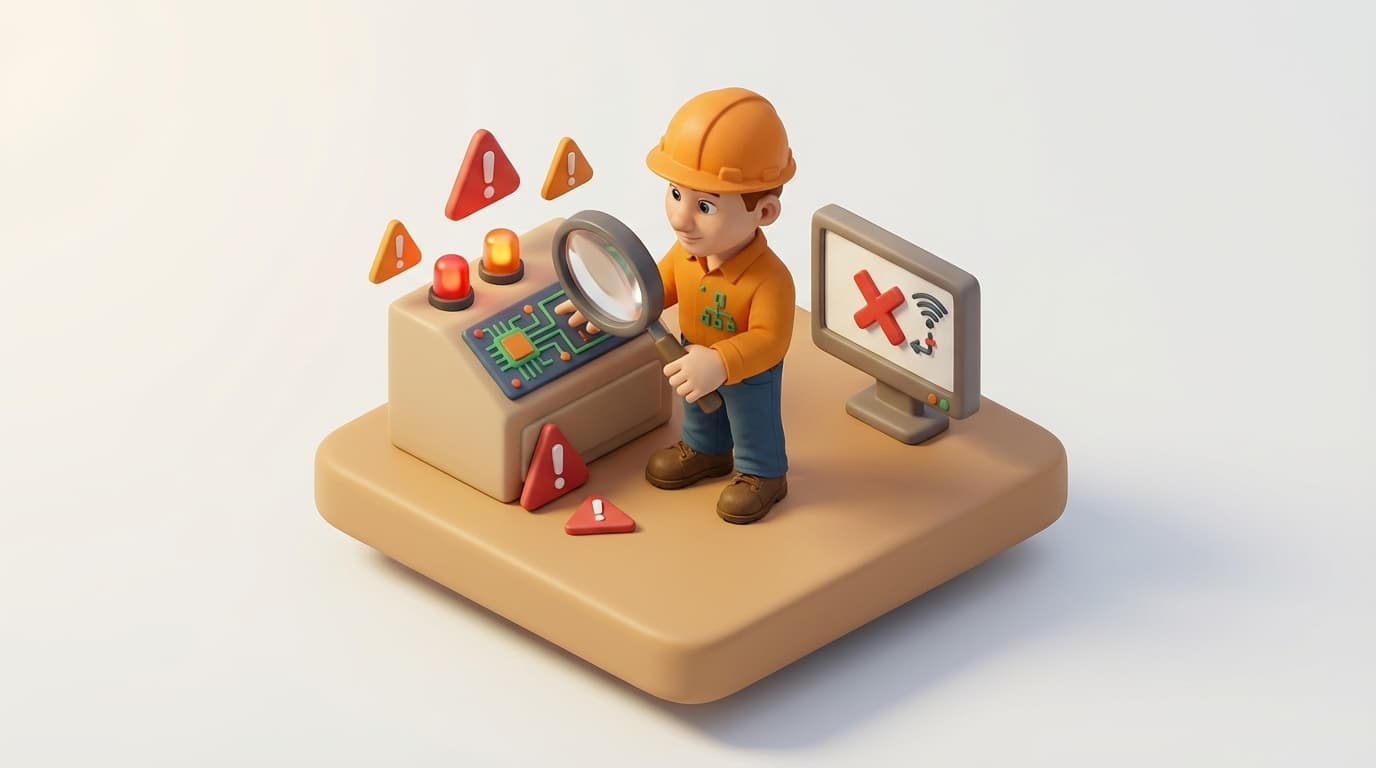 Sharp PI hero illustration for Resolving 'Can't Connect to PI AF Server' Errors in troubleshooting style, showing control panel with warning signs, magnifying glass, and error screen.