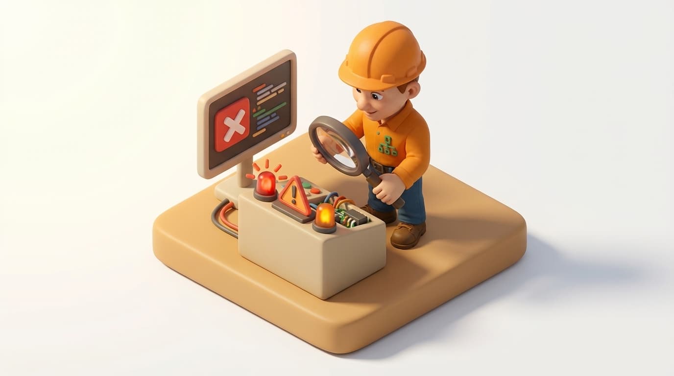 Sharp PI hero illustration for Resolving Kerberos Delegation Issues with PI AF SDK & ASP.NET MVC in troubleshooting style, showing control panel with warning signs, magnifying glass, and error screen.