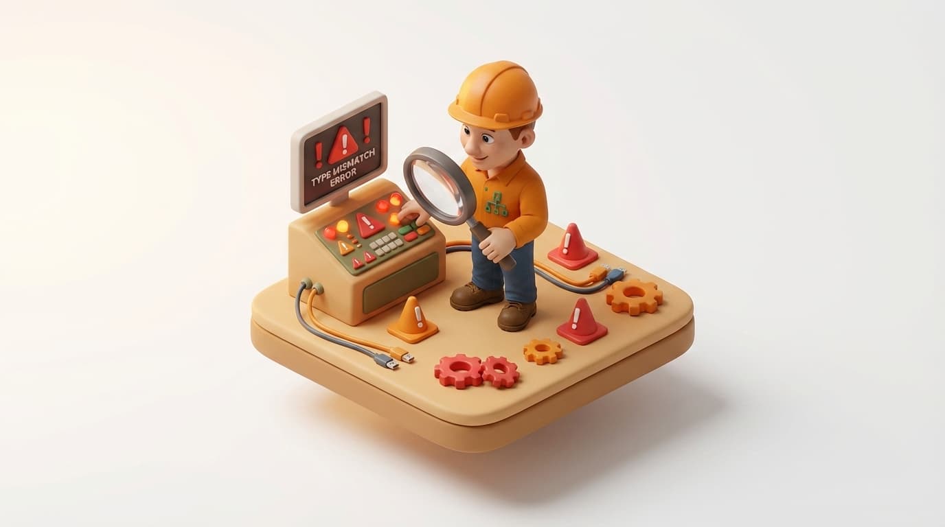 Sharp PI hero illustration for Resolving PI OLEDB Type Mismatch Errors on SQL Server Linked Servers in troubleshooting style, showing control panel with warning signs, magnifying glass, and error screen.