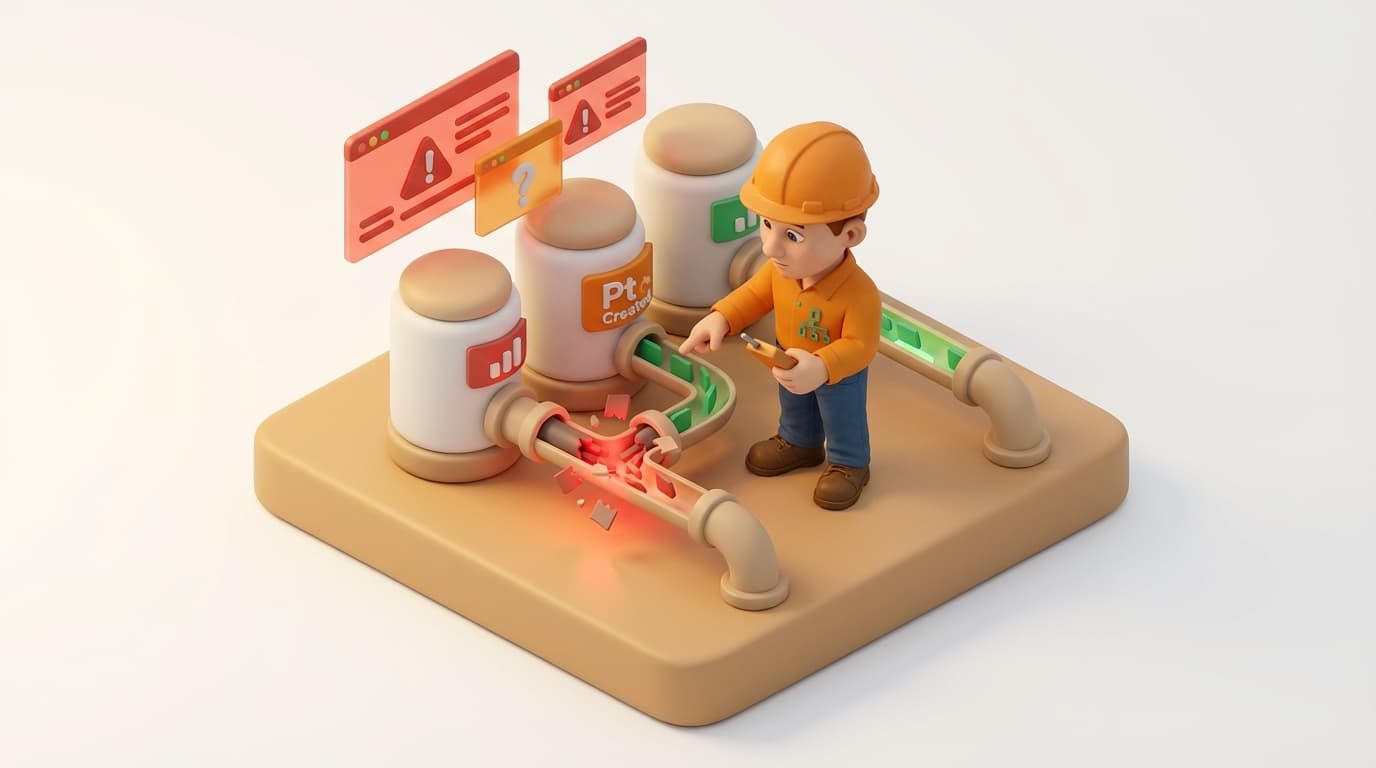 Sharp PI hero illustration for Resolving 'Pt Created' Status for New PI Points in PI Data Archive in troubleshooting style, showing data storage tanks with flow meters and streaming data pipes.