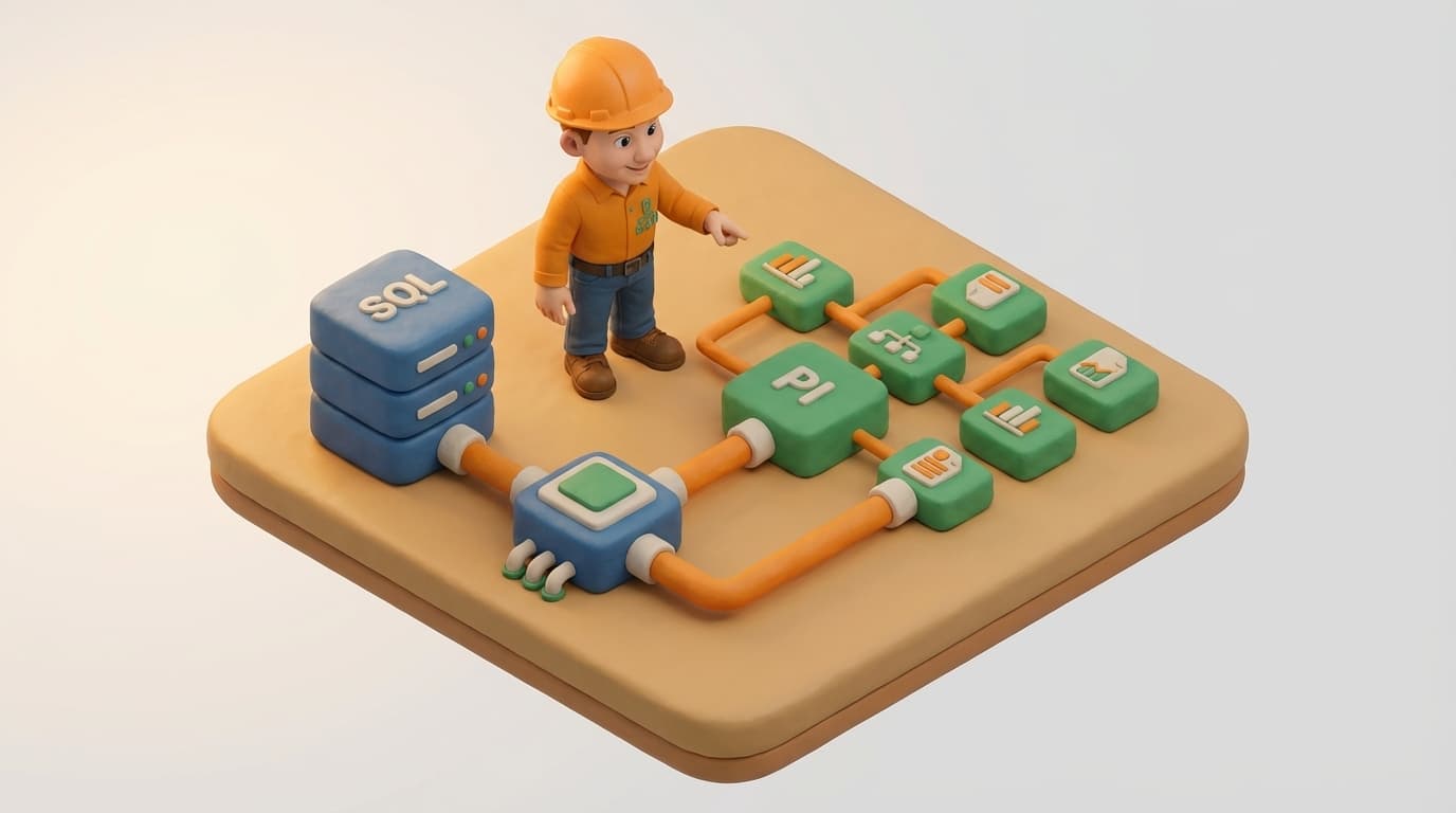 Sharp PI hero illustration for SQL to PI: Choosing the Right Data Access for Corporate Reporting in technical editorial style, showing connected building blocks and node hierarchy diagram.