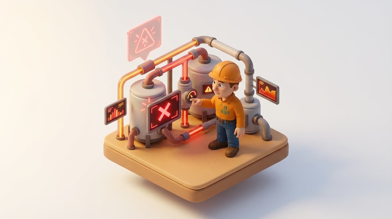 Sharp PI hero illustration for Summing Boolean-like PI Tags: Resolving 'Error Evaluating Tag or Expression' in troubleshooting style, showing data storage tanks with flow meters and streaming data pipes.