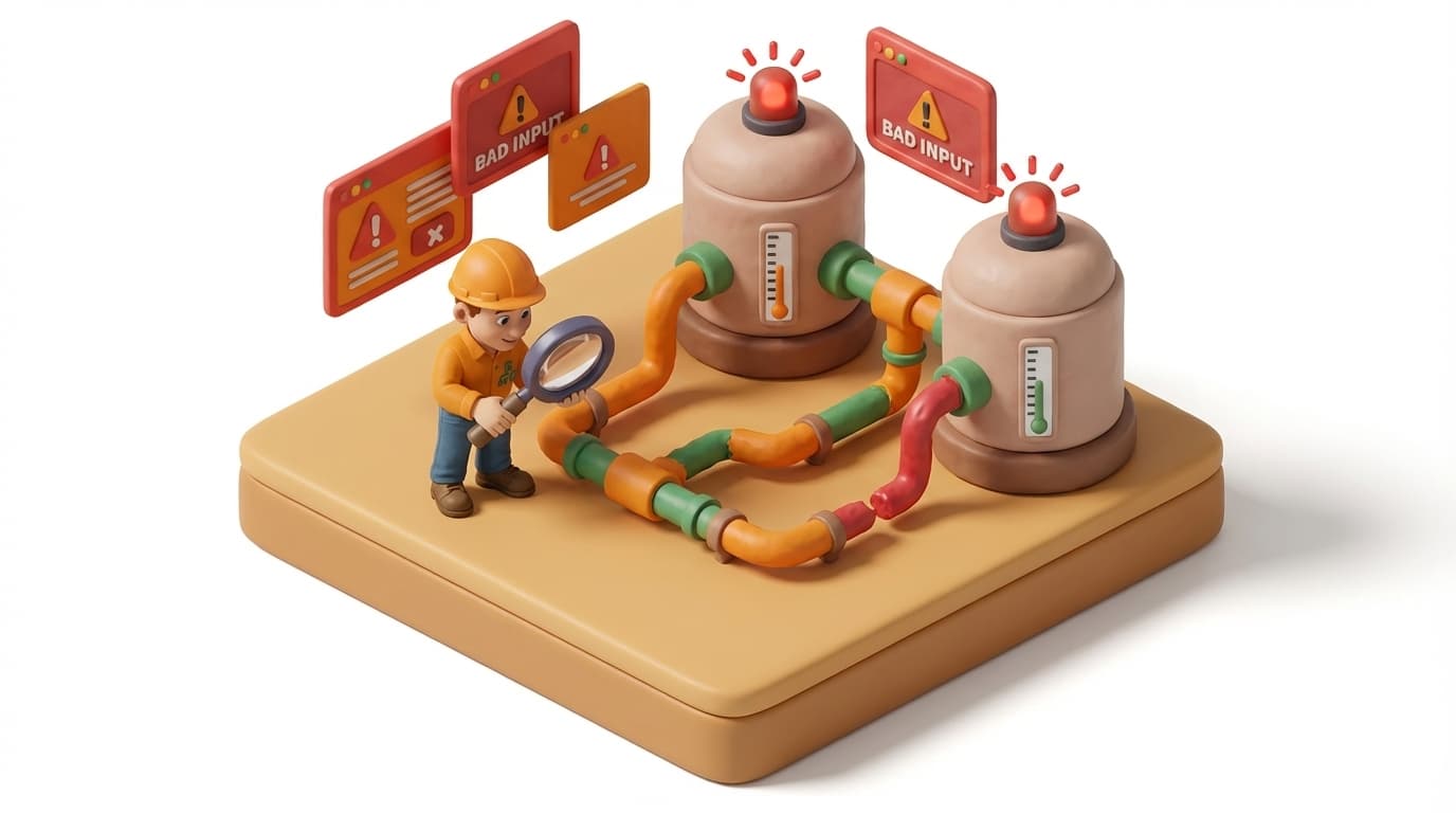 Sharp PI hero illustration for Troubleshooting 'Bad Input' from OPC HDA Sources in PI Data Archive in troubleshooting style, showing data storage tanks with flow meters and streaming data pipes.