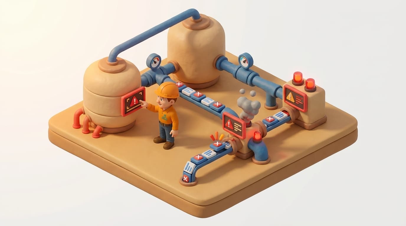 Sharp PI hero illustration for Troubleshooting Event Frame StartTime: Why BigInt Conversion Fails in SQL in troubleshooting style, showing data storage tanks with flow meters and streaming data pipes.