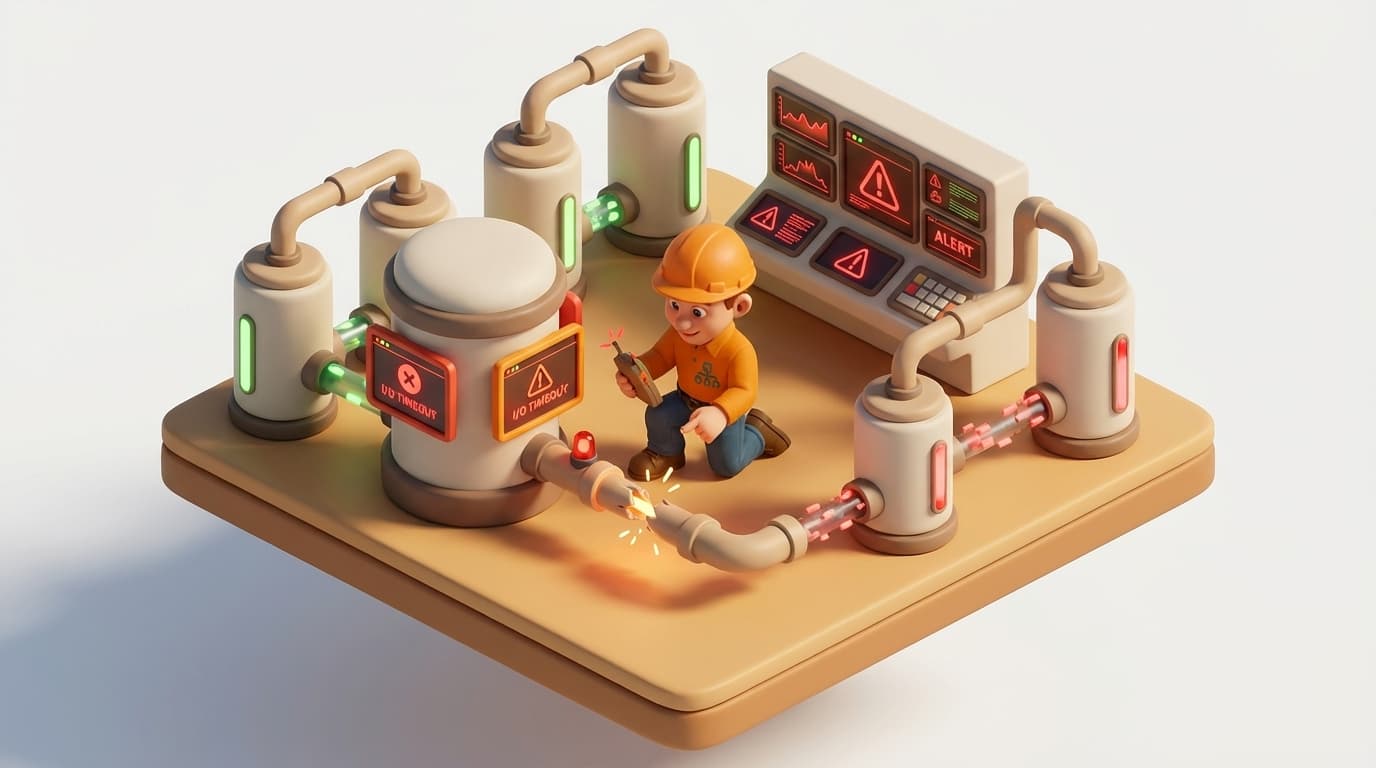 Sharp PI hero illustration for Troubleshooting 'I/O Timeout' on PI Performance Monitor Interface Points in troubleshooting style, showing data storage tanks with flow meters and streaming data pipes.