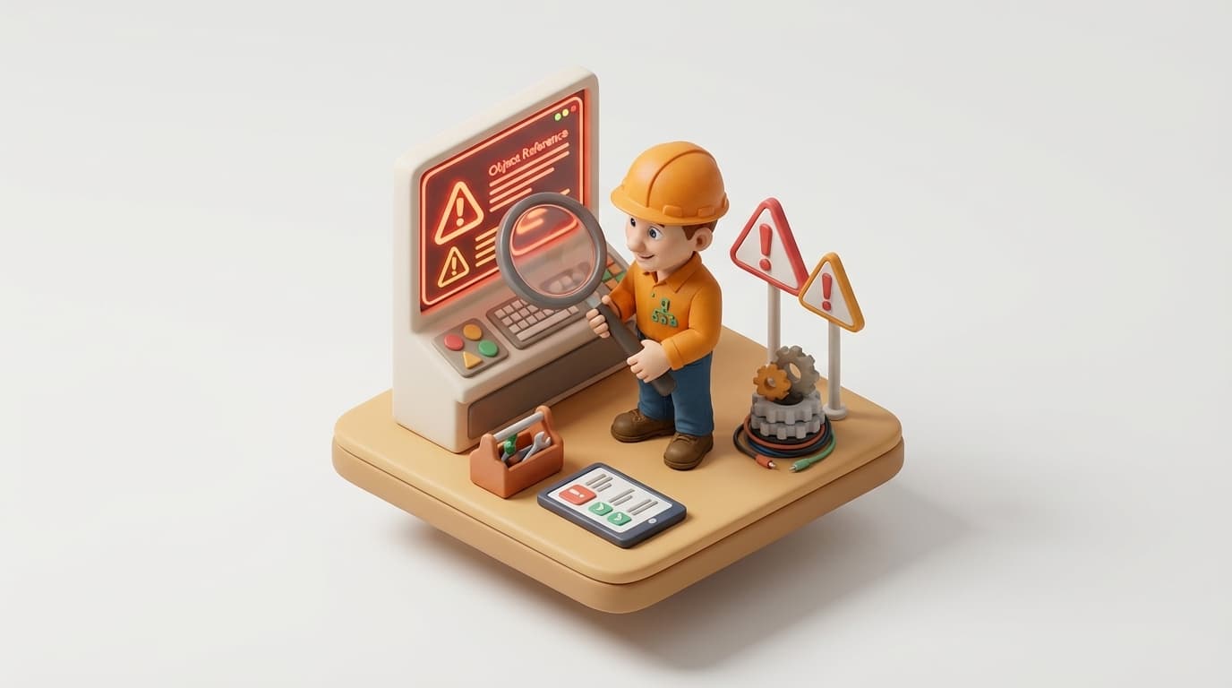 Sharp PI hero illustration for Troubleshooting PI AF Analytics 'Object Reference' Errors in troubleshooting style, showing control panel with warning signs, magnifying glass, and error screen.