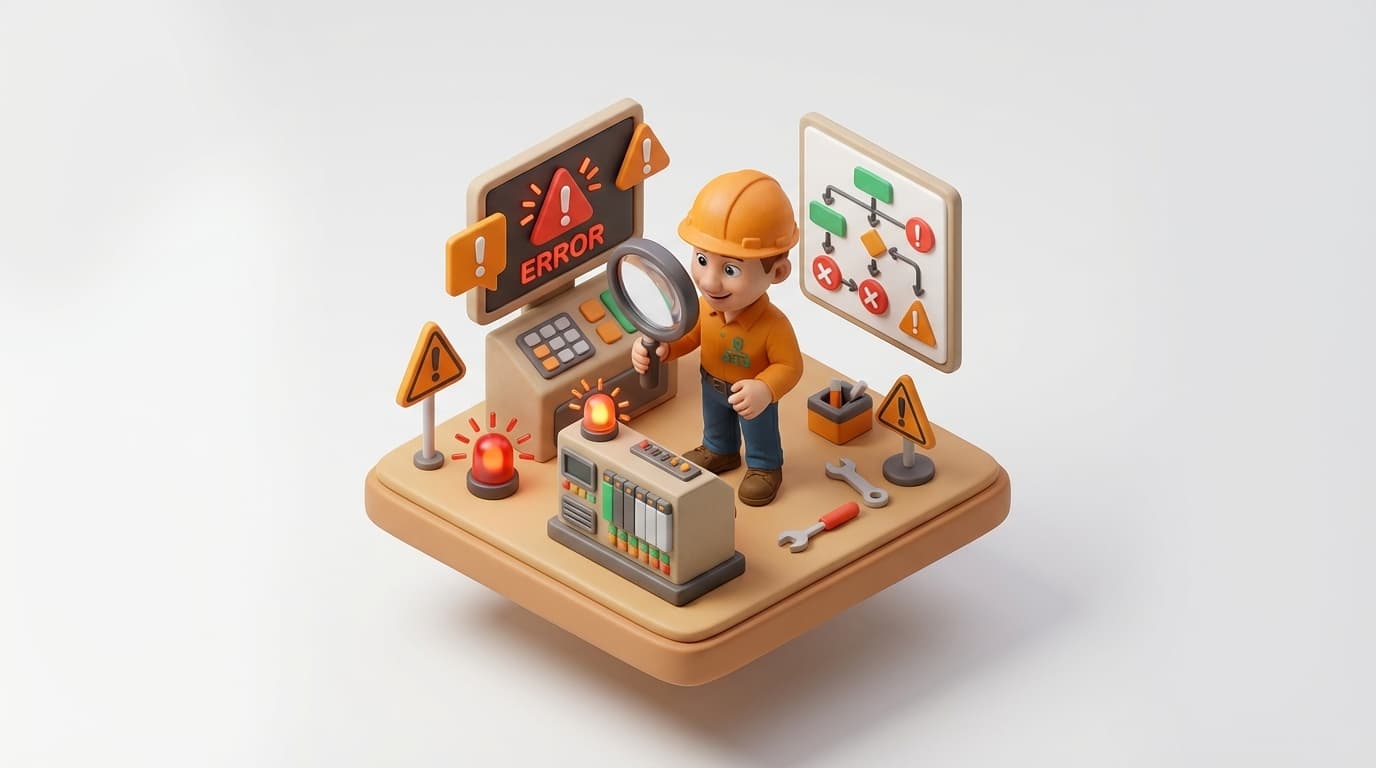 Sharp PI hero illustration for Troubleshooting PI AF String Builder: 'Cannot Retrieve PI Point' Error in troubleshooting style, showing control panel with warning signs, magnifying glass, and error screen.