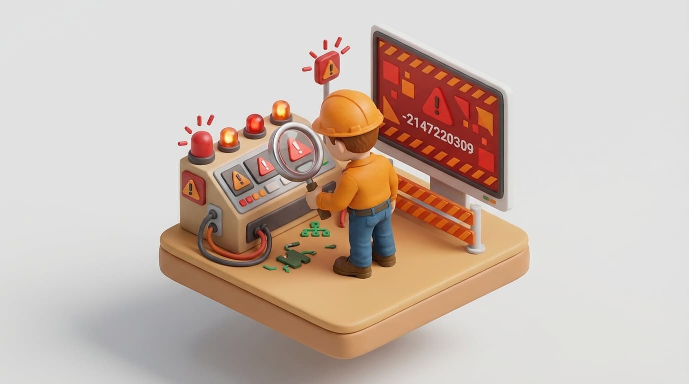 Sharp PI hero illustration for Troubleshooting PI Data Archive Connection Error -2147220309 in troubleshooting style, showing control panel with warning signs, magnifying glass, and error screen.