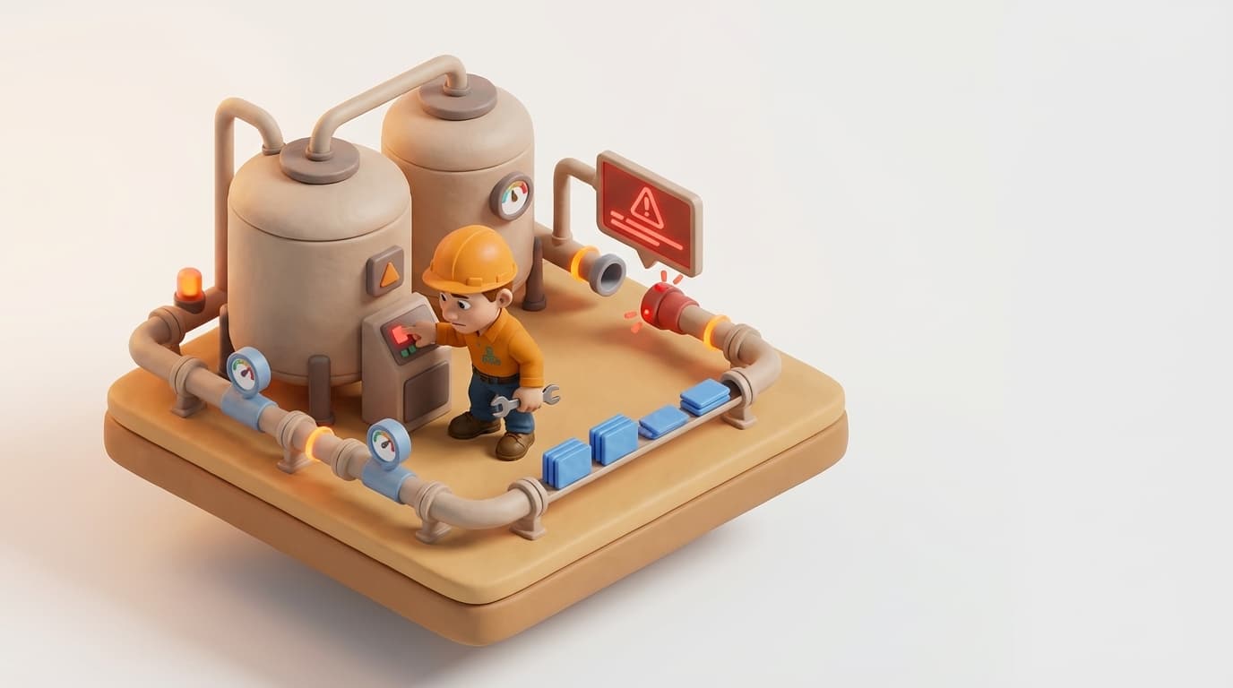 Sharp PI hero illustration for Troubleshooting PI Data Archive Connectivity: 'Unable to Open a Session' in troubleshooting style, showing data storage tanks with flow meters and streaming data pipes.