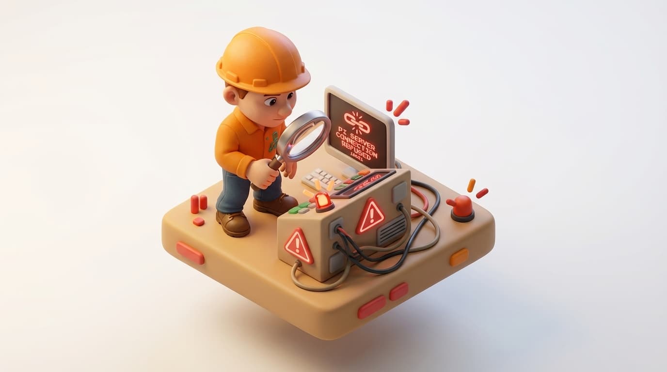 Sharp PI hero illustration for Troubleshooting PI Server Connection Refused Errors: A Deep Dive into 10061 in troubleshooting style, showing control panel with warning signs, magnifying glass, and error screen.