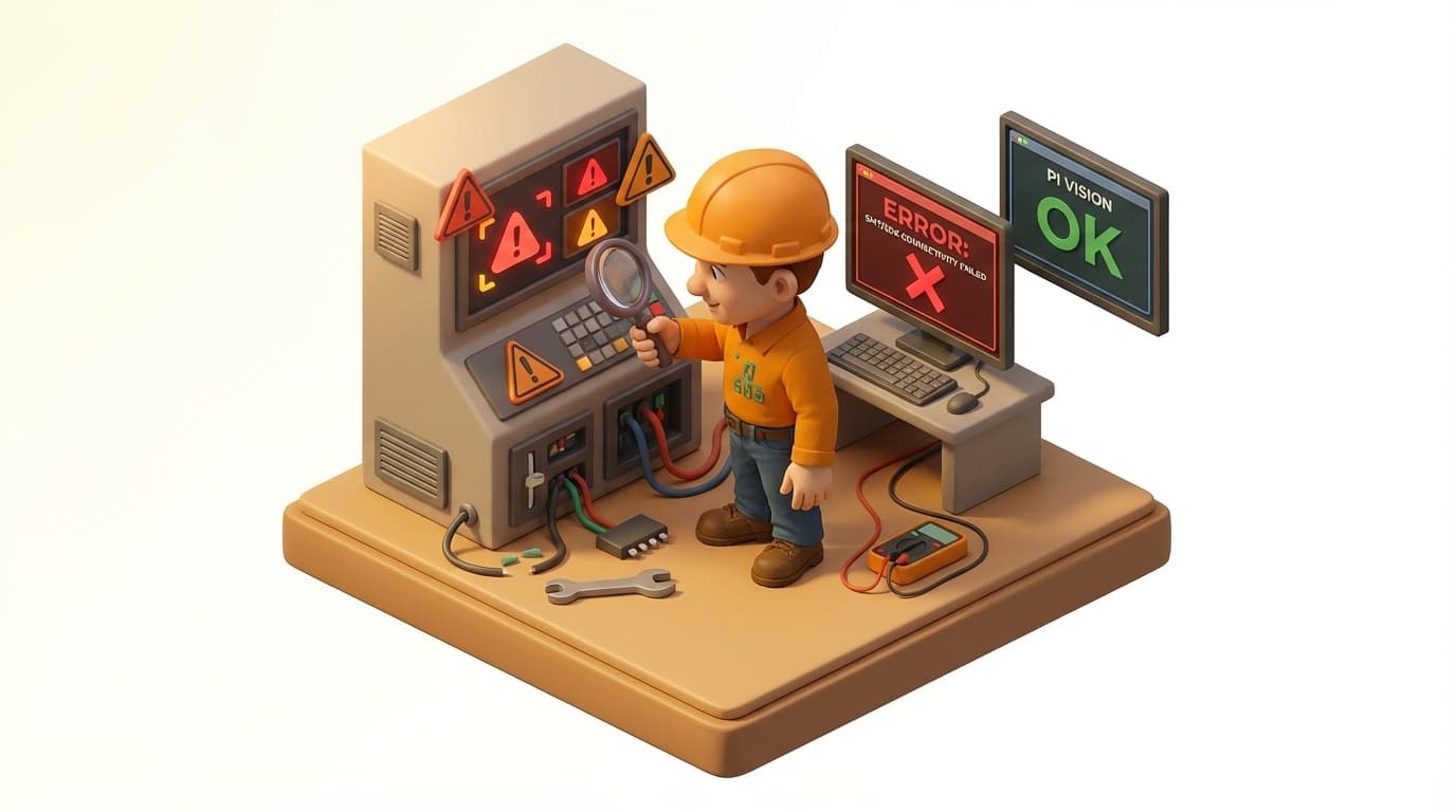 Sharp PI hero illustration for Troubleshooting PI SMT & SDK Connectivity: Why PI Vision Works But SMT Fails in troubleshooting style, showing control panel with warning signs, magnifying glass, and error screen.