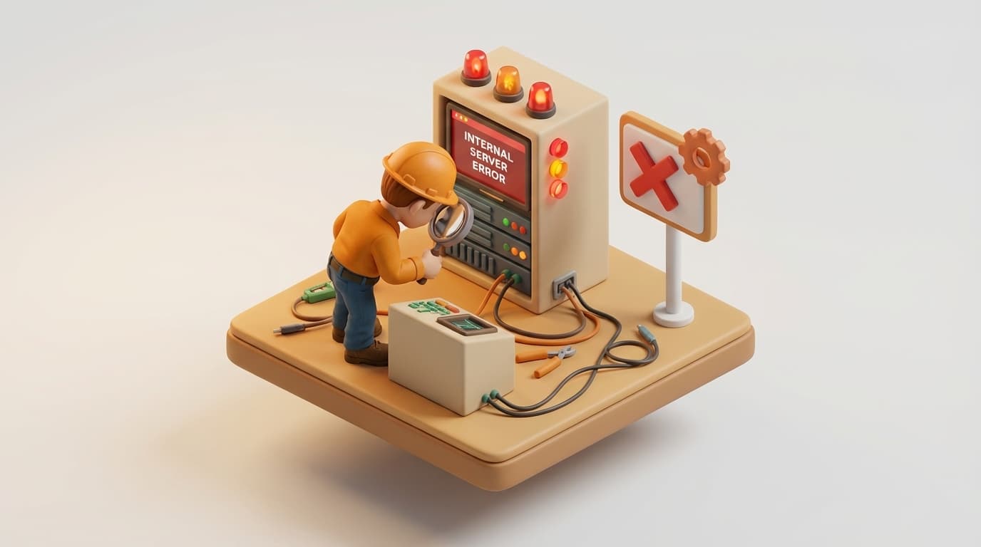 Sharp PI hero illustration for Troubleshooting PI Vision Internal Server Errors Post-CIS Hardening in troubleshooting style, showing control panel with warning signs, magnifying glass, and error screen.