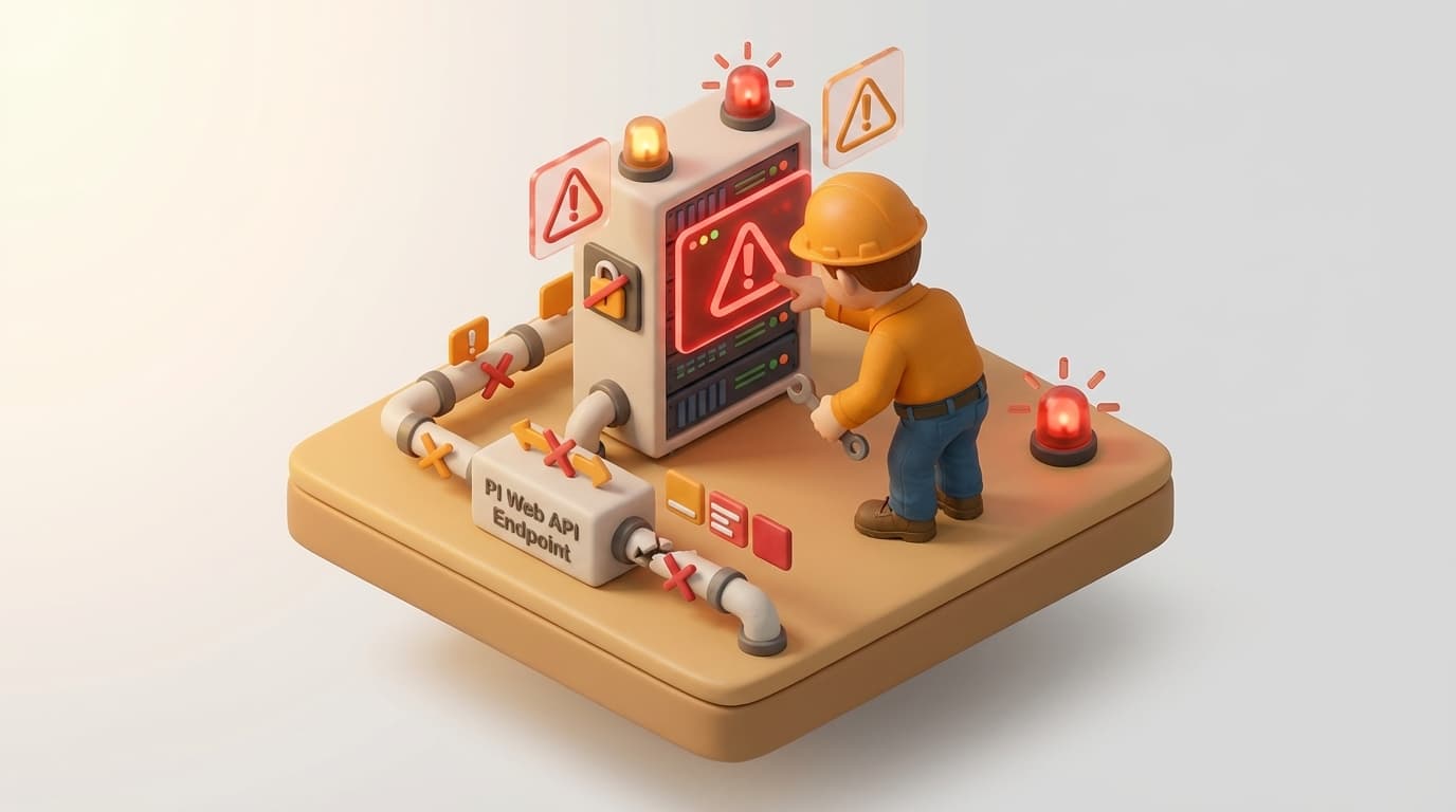 Sharp PI hero illustration for Troubleshooting PI Web API Basic Authentication Denied Errors in troubleshooting style, showing server rack with REST API endpoint arrows and data pipes.